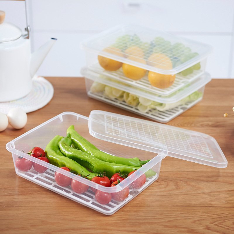 Fridge Fresh-keeping Two-layer Drain Box Organizer with Lid Plastic Food Storage Containers