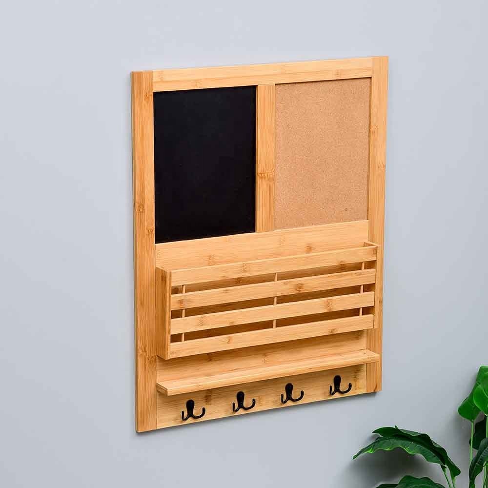 Wall Mounted Mail Organizer Key Hooks Decorations For Home Decor Messages Board Bamboo Wall Shelf with Storage Box Chalkboard