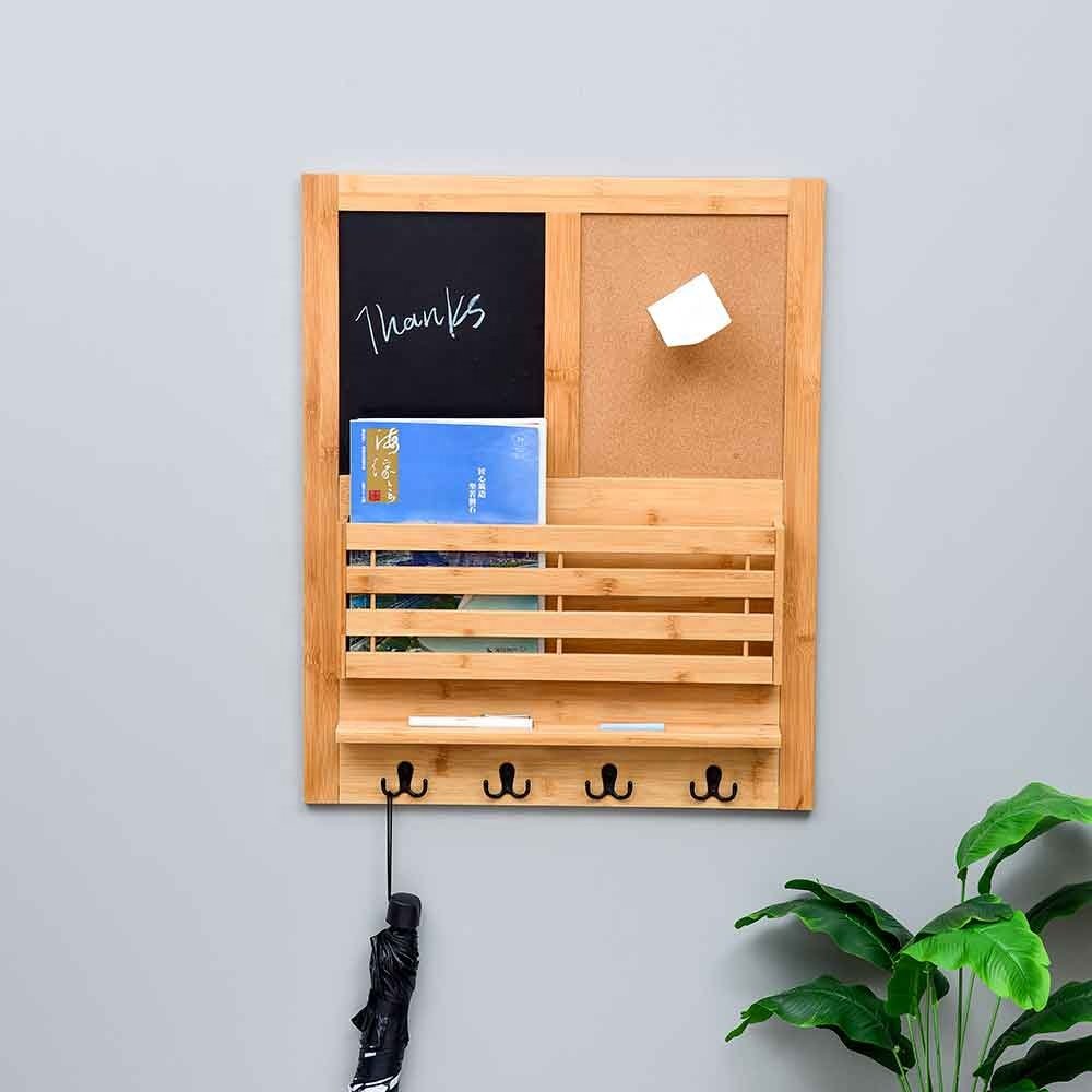 Wall Mounted Mail Organizer Key Hooks Decorations For Home Decor Messages Board Bamboo Wall Shelf with Storage Box Chalkboard