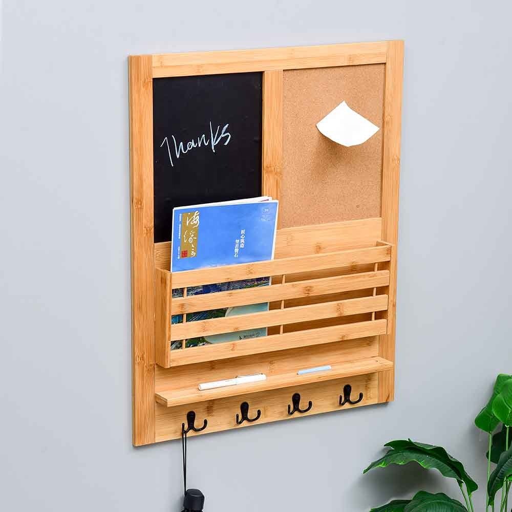 Wall Mounted Mail Organizer Key Hooks Decorations For Home Decor Messages Board Bamboo Wall Shelf with Storage Box Chalkboard