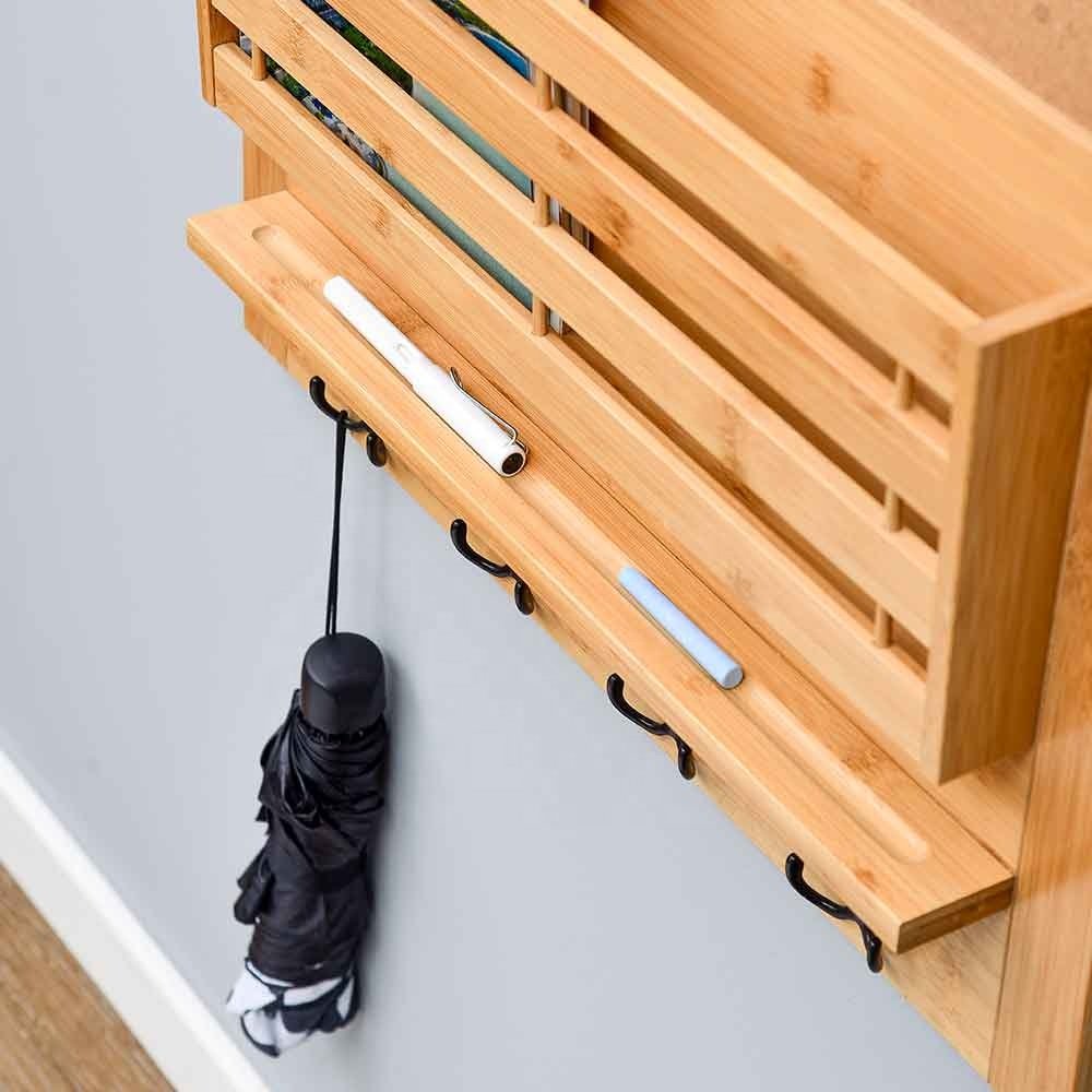 Wall Mounted Mail Organizer Key Hooks Decorations For Home Decor Messages Board Bamboo Wall Shelf with Storage Box Chalkboard