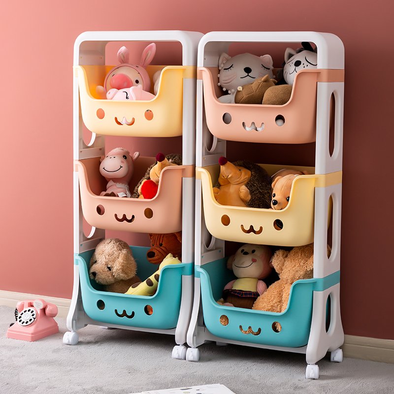 2-3 Layer Multifunctional Organizer Holder Cartoon Smiling Face Eco-Friendly Living Room Children's Toy Storage Rack With Wheels
