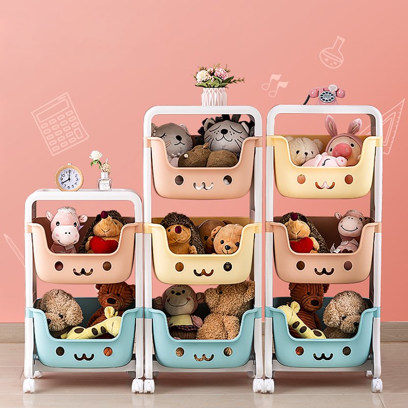 2-3 Layer Multifunctional Organizer Holder Cartoon Smiling Face Eco-Friendly Living Room Children's Toy Storage Rack With Wheels