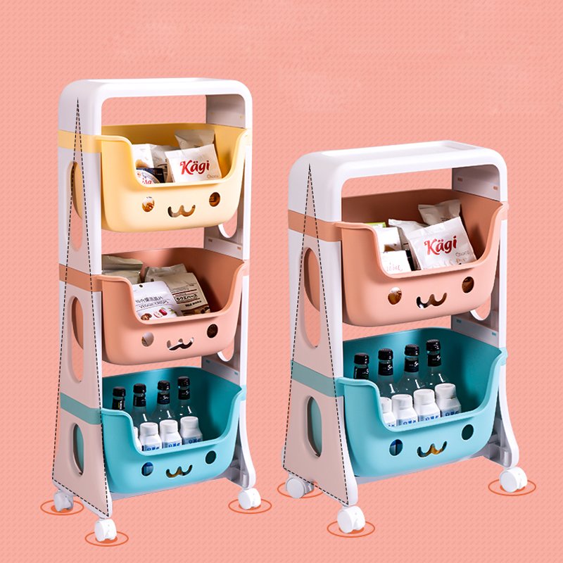 2-3 Layer Multifunctional Organizer Holder Cartoon Smiling Face Eco-Friendly Living Room Children's Toy Storage Rack With Wheels