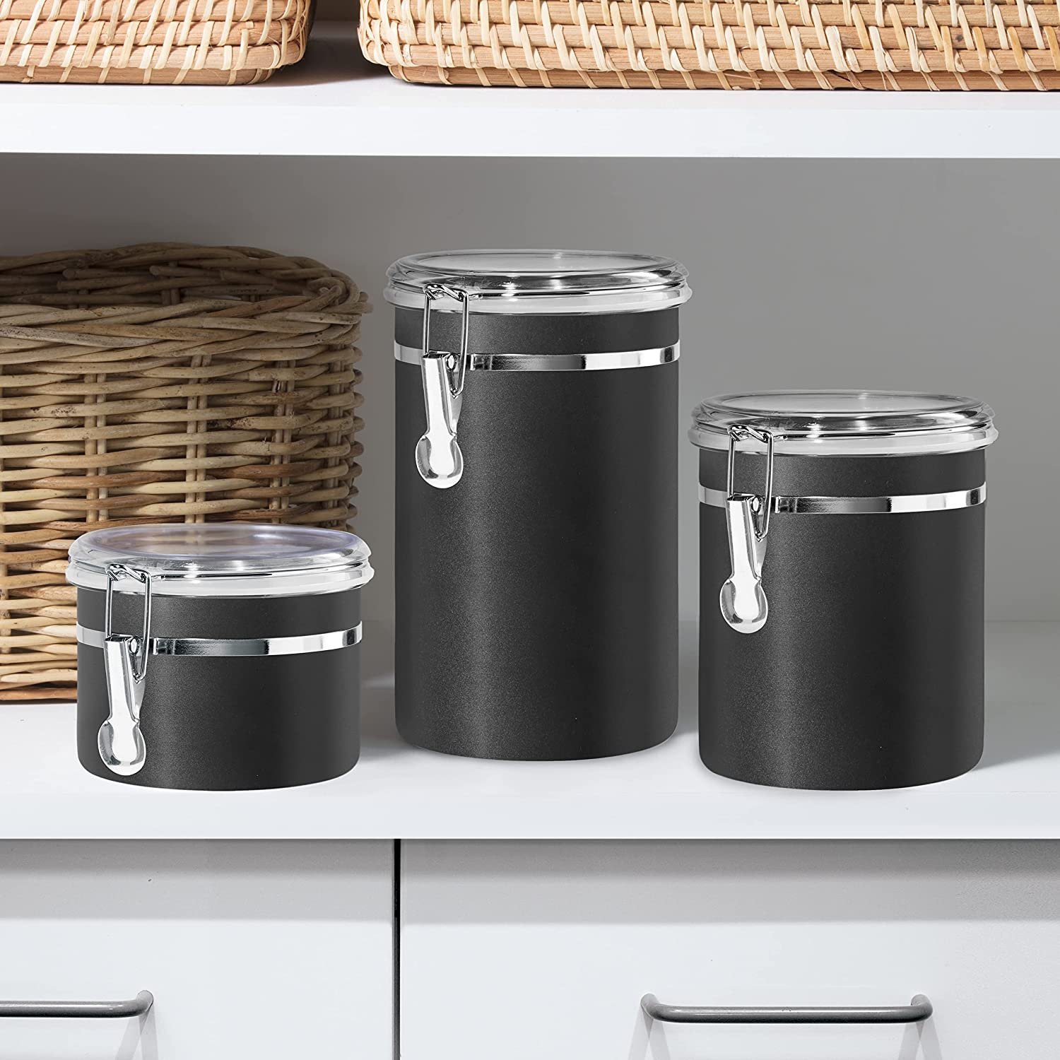 Custom Black Color Kitchen Storage 4.7inch Tea Sugar Bean Jar Food Canister Stainless Steel Coffee Canister Set with Clamp Lid