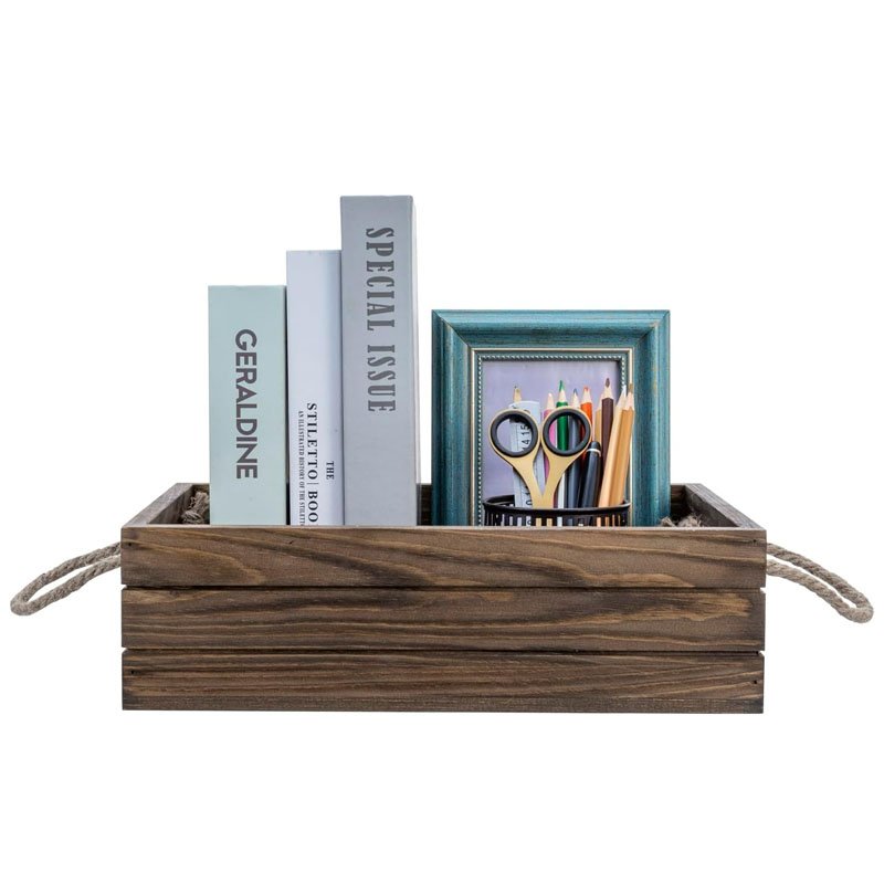 Wood Storage Box For Storage Basket With Rope Handles Wood Book Cabinet Organizer Rustic Brown Wood Decorative Storage Bin