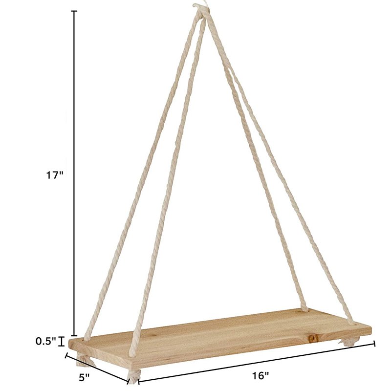 Rustic Wall Mounted Home Decor Wood Swing Shelf Wall Display Rack Rope Hanging Floating Shelves