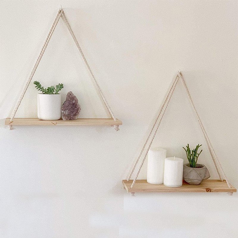 Rustic Wall Mounted Home Decor Wood Swing Shelf Wall Display Rack Rope Hanging Floating Shelves