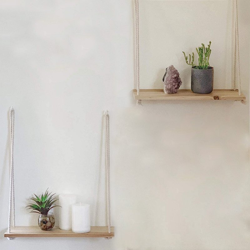 Rustic Wall Mounted Home Decor Wood Swing Shelf Wall Display Rack Rope Hanging Floating Shelves
