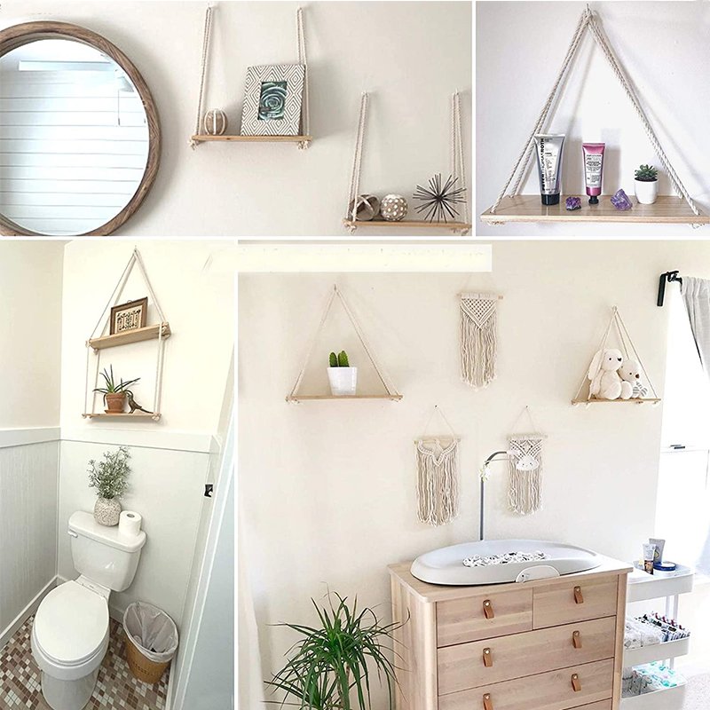 Rustic Wall Mounted Home Decor Wood Swing Shelf Wall Display Rack Rope Hanging Floating Shelves