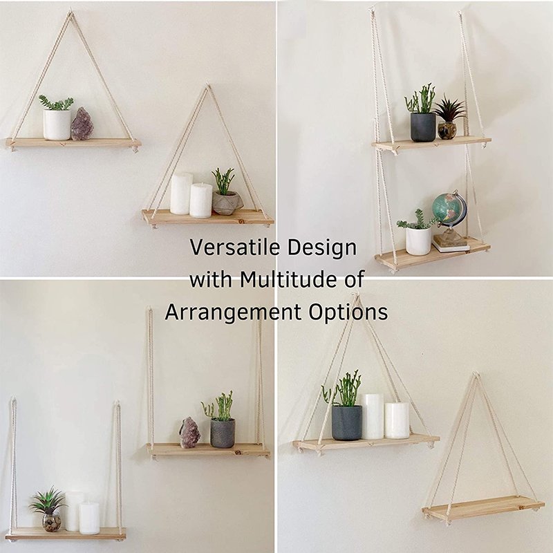 Rustic Wall Mounted Home Decor Wood Swing Shelf Wall Display Rack Rope Hanging Floating Shelves