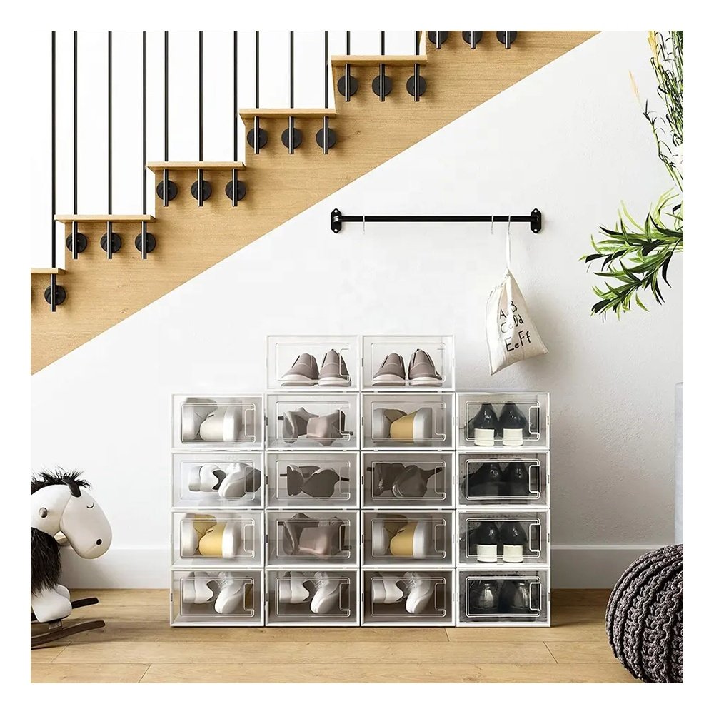 Foldable Side Open Custom Organizer Case Giant Transparent Plastic Clear Sneaker Plastic Display Shoe Storage Box