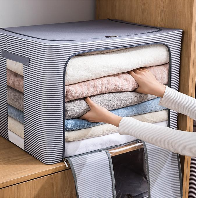 The industry golden supplier bin storage Foldable Quilt Storage Box Fabric Steel Frame Quilts Toys Storage closet organizer idea