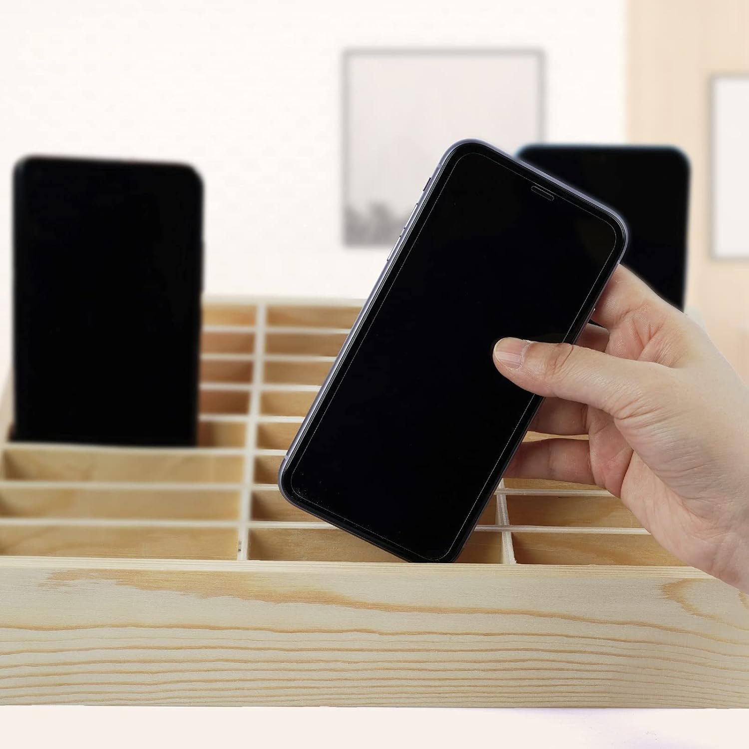 24-Grid Wooden Cell Phone Holder Desktop Organizer Storage Box for Classroom Office