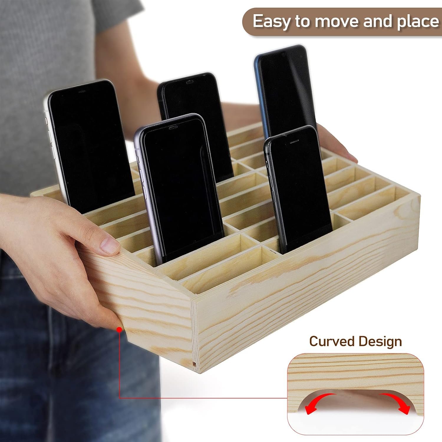 24-Grid Wooden Cell Phone Holder Desktop Organizer Storage Box for Classroom Office