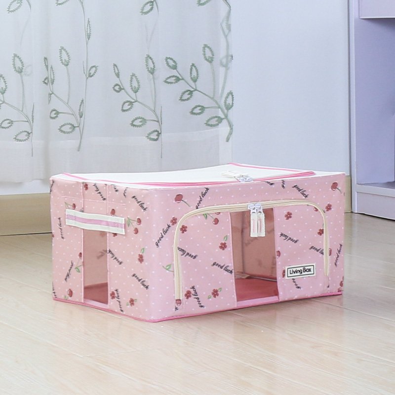 24L Oxford Cherry Cloth Steel Frame Transparent Storage Box Bed Sheet Blanket Pillow Shoe Rack Container Foldable Storage Case