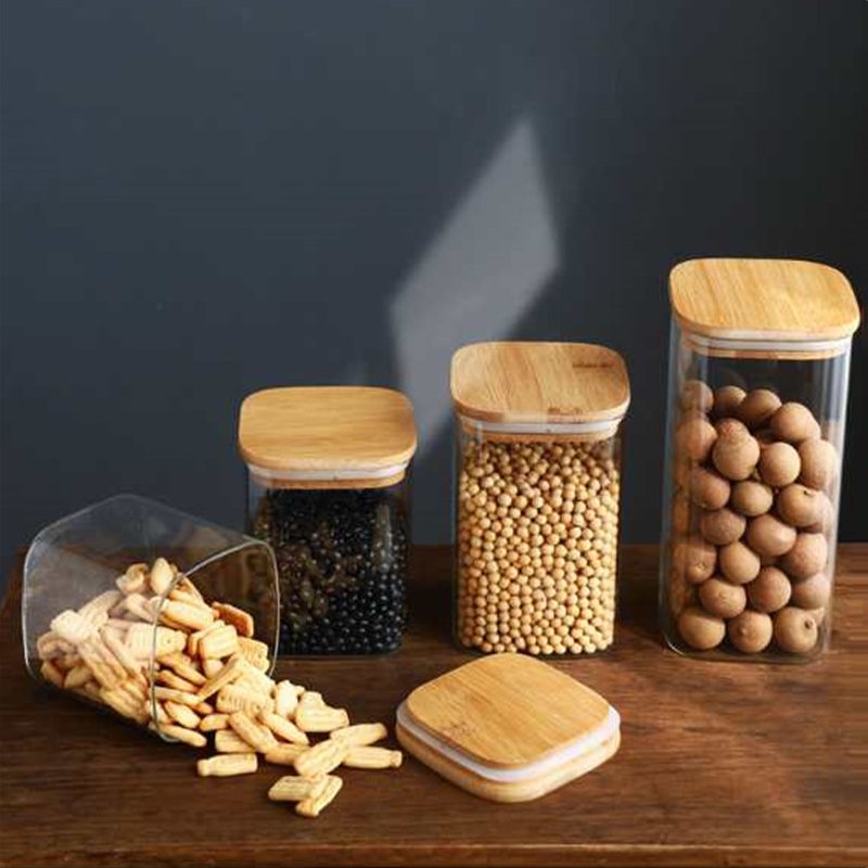 Kitchen Canisters Square Glass Food Storage Jars with Bamboo Wooden Lids For Sugar Candy Dried fruit sealed Containers Set
