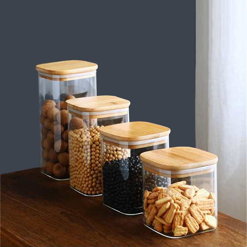 Kitchen Canisters Square Glass Food Storage Jars with Bamboo Wooden Lids For Sugar Candy Dried fruit sealed Containers Set