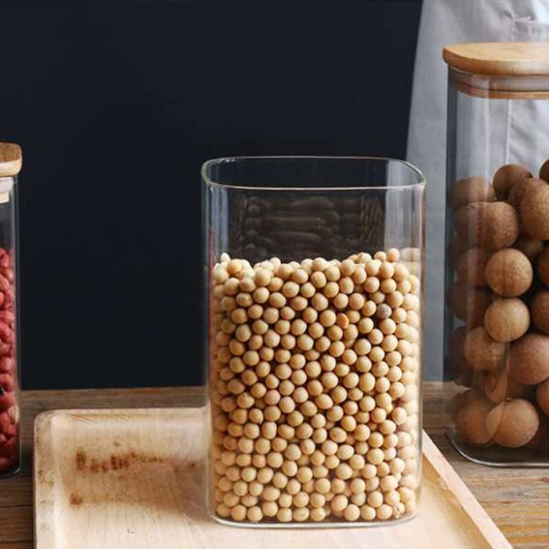 Kitchen Canisters Square Glass Food Storage Jars with Bamboo Wooden Lids For Sugar Candy Dried fruit sealed Containers Set