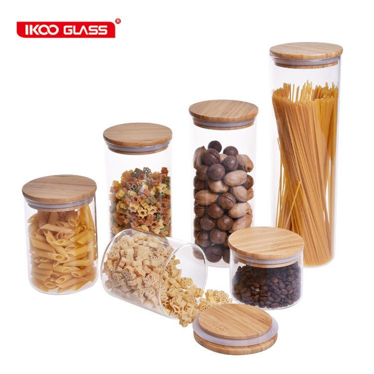 IKOO custom bamboo lid glass jar food storage jar borosilicate glass canister borosilicate glass food storage jars with airtight
