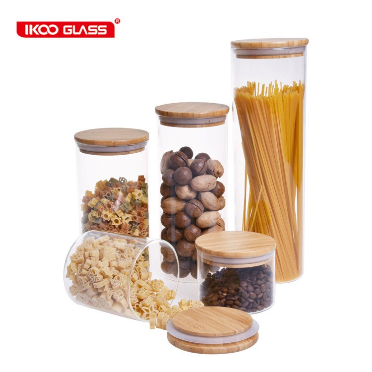 IKOO custom bamboo lid glass jar food storage jar borosilicate glass canister borosilicate glass food storage jars with airtight