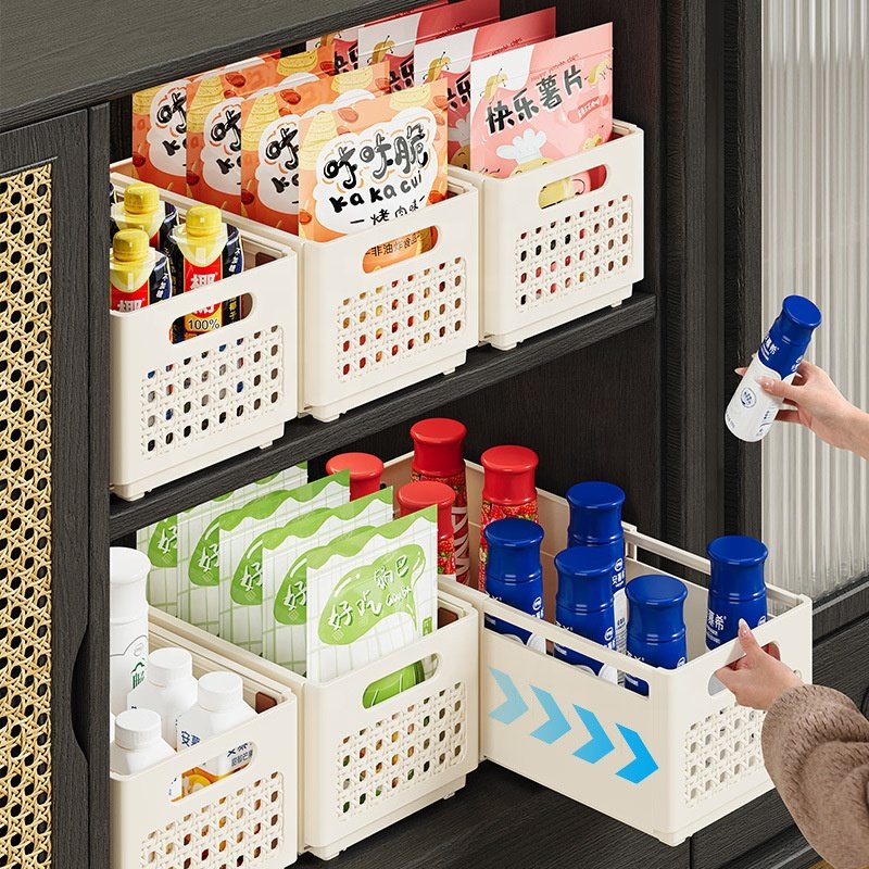 Home Kitchen Deep Storage Cabinets Right-Angle Retractable Organizing Boxes Plastic Tabletops Storage Baskets Cosmetics