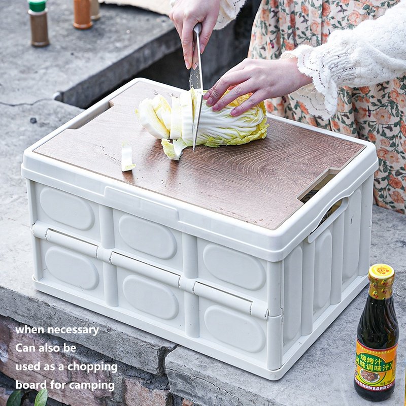 Multifunctional Portable Collapsible Big Large Outdoor Organizer Plastic Folding Camping Foldable Storage Box With Wood Lid