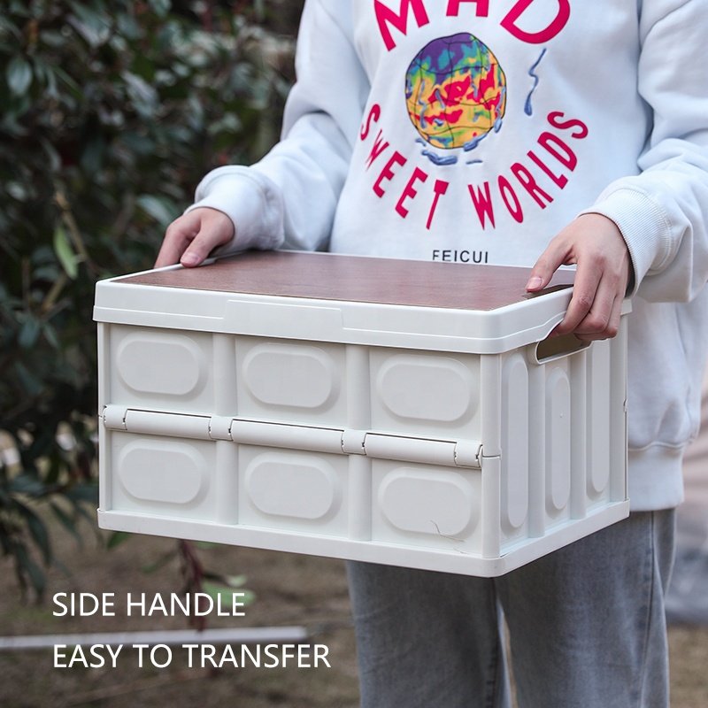 Multifunctional Portable Collapsible Big Large Outdoor Organizer Plastic Folding Camping Foldable Storage Box With Wood Lid