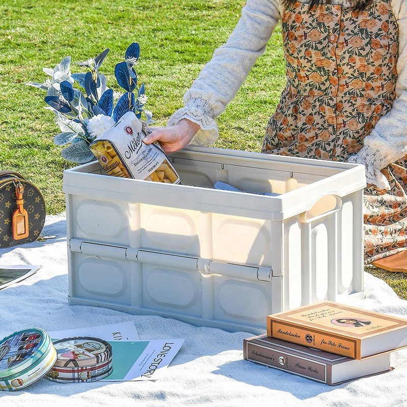Multifunctional Portable Collapsible Big Large Outdoor Organizer Plastic Folding Camping Foldable Storage Box With Wood Lid