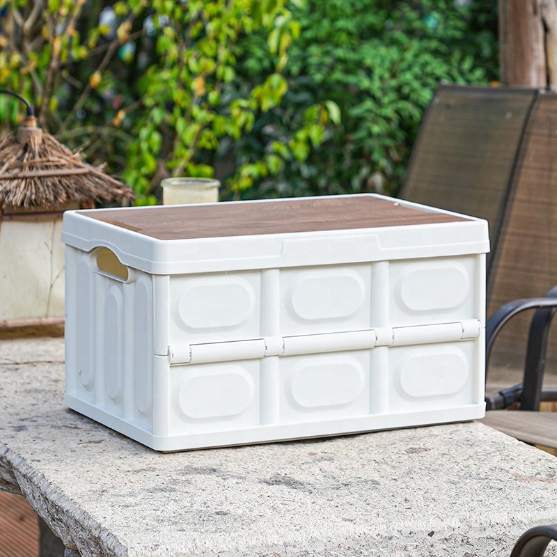 Multifunctional Portable Collapsible Big Large Outdoor Organizer Plastic Folding Camping Foldable Storage Box With Wood Lid
