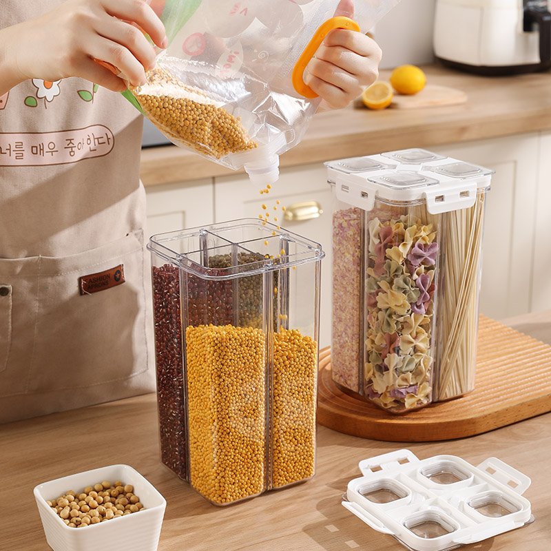 Wannuo 3L Plastic Kitchen Food Storage Container Set 4 Grids PET and PP Material Safe Storage Airtight Food Containers