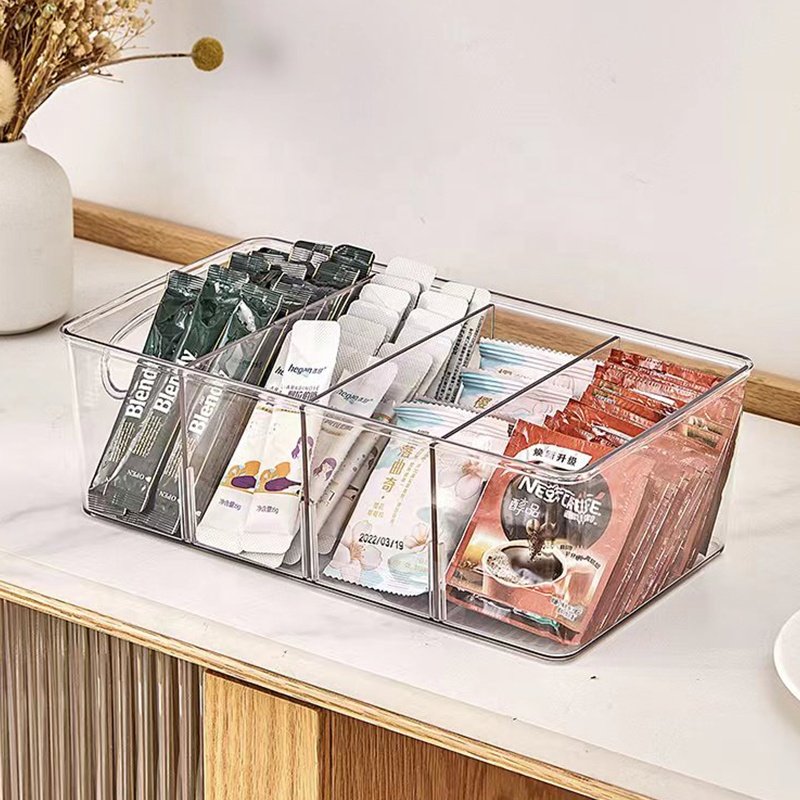 Multi Use Four Compartment Storage Box 4 Dividers Coffee Storage Organizer PET Multifunction Modern Rectangle Sustainable