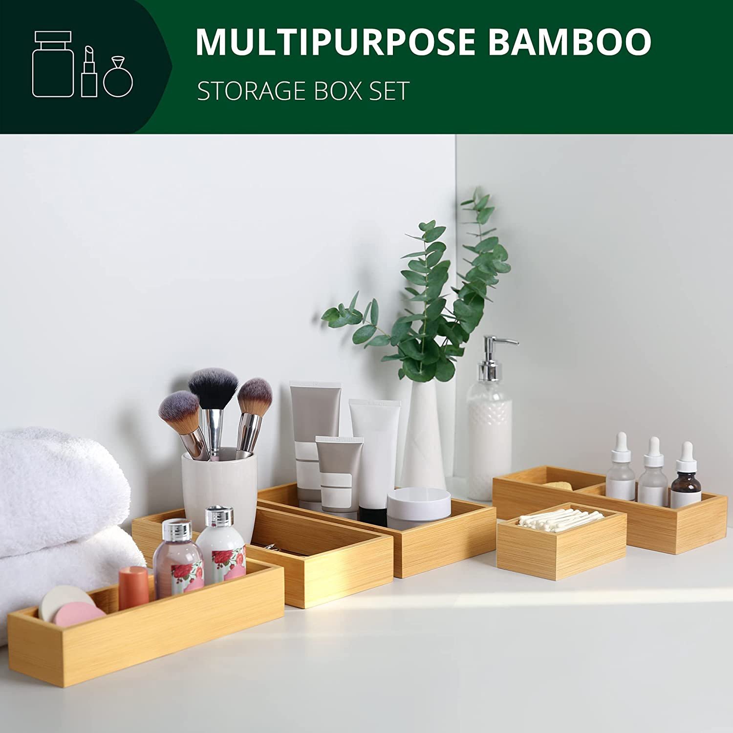Factory custom luxury multi use kitchen office desk makeup jewelry bamboo drawer organizer storage box