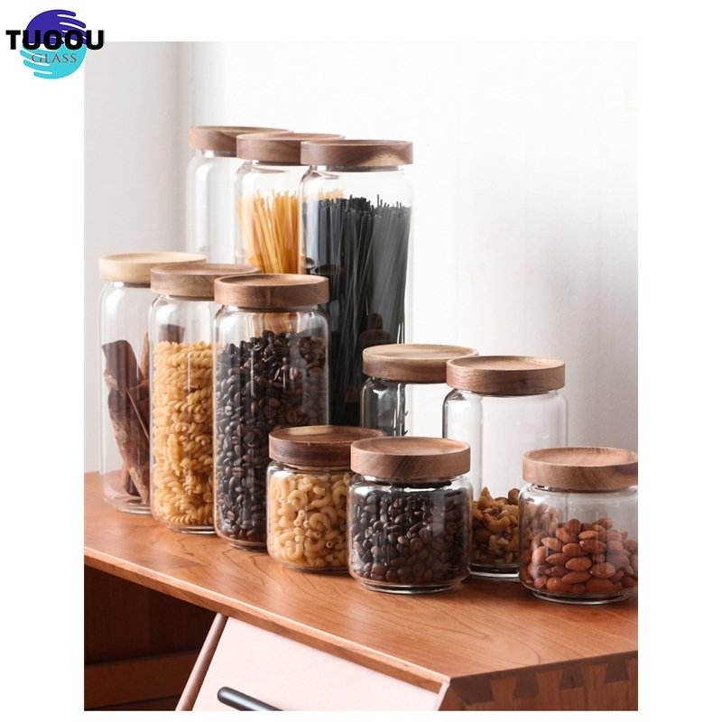 Heat resistant clear round glassware airtight sealed custom size kitchen food large containers wood lid glass jar storage