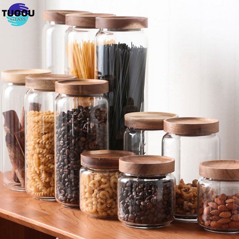 Heat resistant clear round glassware airtight sealed custom size kitchen food large containers wood lid glass jar storage