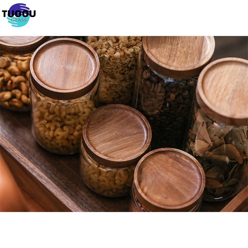 Heat resistant clear round glassware airtight sealed custom size kitchen food large containers wood lid glass jar storage