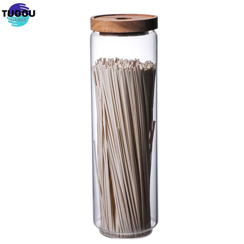 Heat resistant clear round glassware airtight sealed custom size kitchen food large containers wood lid glass jar storage
