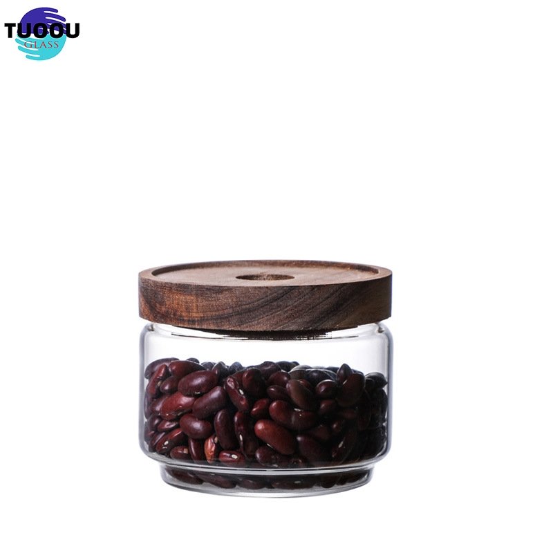 Heat resistant clear round glassware airtight sealed custom size kitchen food large containers wood lid glass jar storage