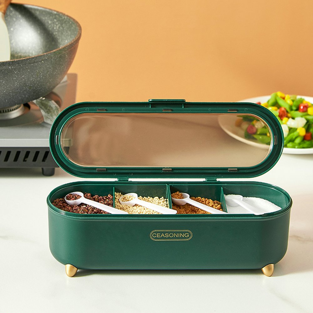 Kitchen 4 Grids Plastic Condiment Container Rectangular Salt Sugar Spice Pepper Storage Seasoning Box