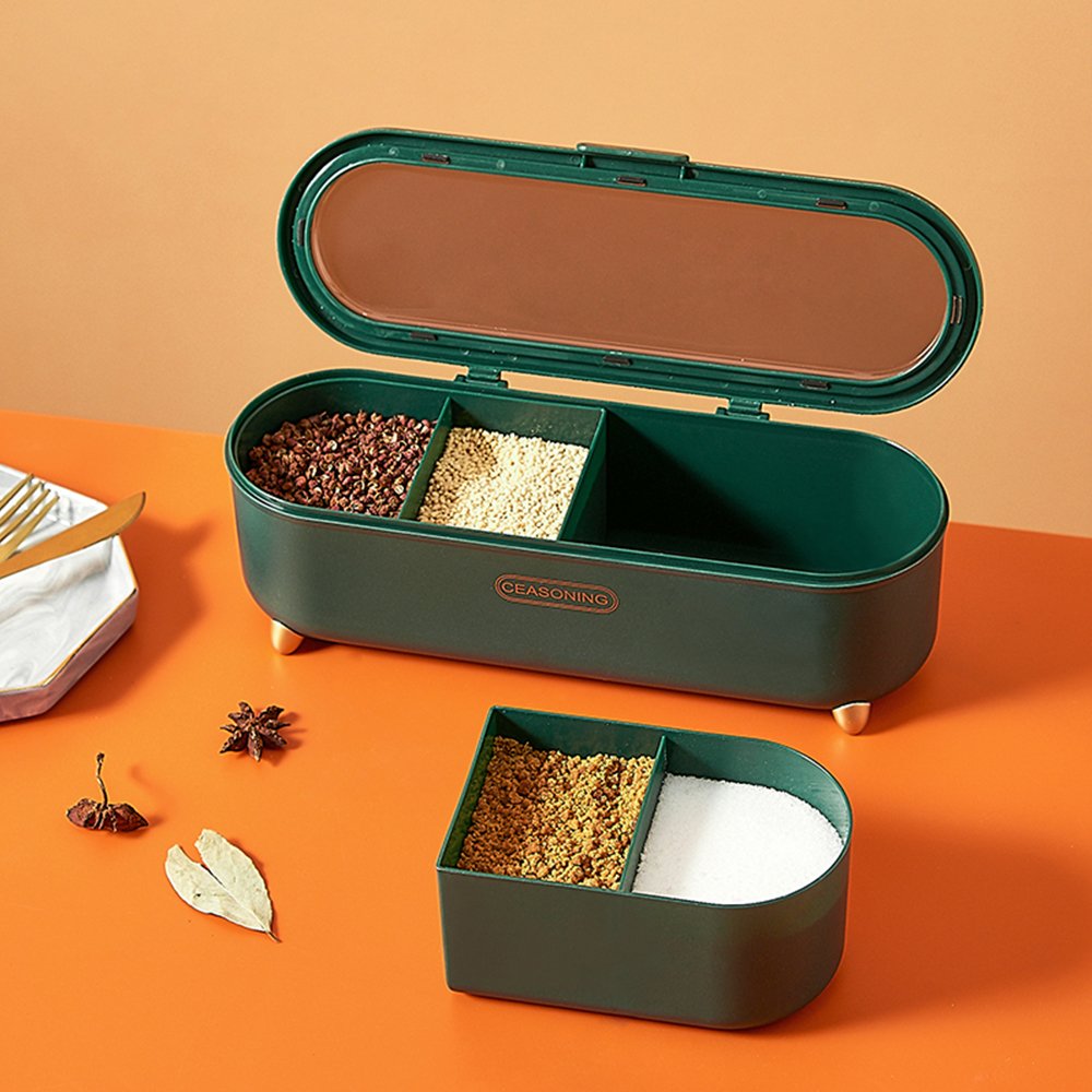 Kitchen 4 Grids Plastic Condiment Container Rectangular Salt Sugar Spice Pepper Storage Seasoning Box