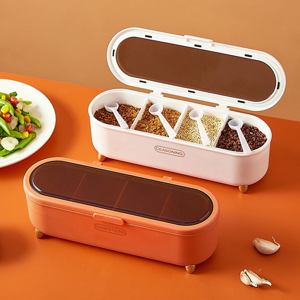 Kitchen 4 Grids Plastic Condiment Container Rectangular Salt Sugar Spice Pepper Storage Seasoning Box