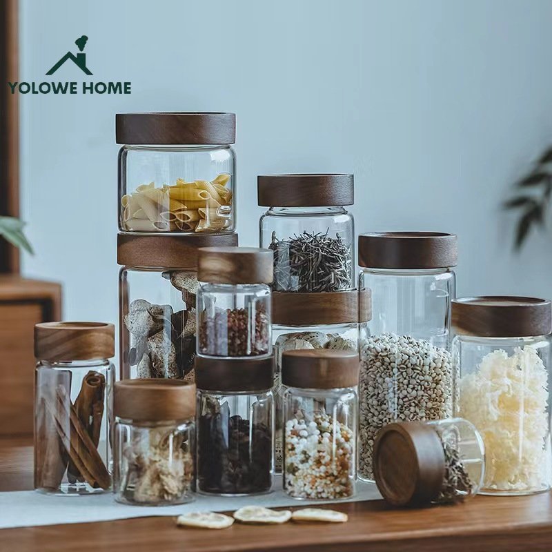 YOLOWE HOME Modern Design Wide-Mouthed Glass Storage Jars with Acacia Lid Kitchen Organizers and Pickle Jars for Food Storage