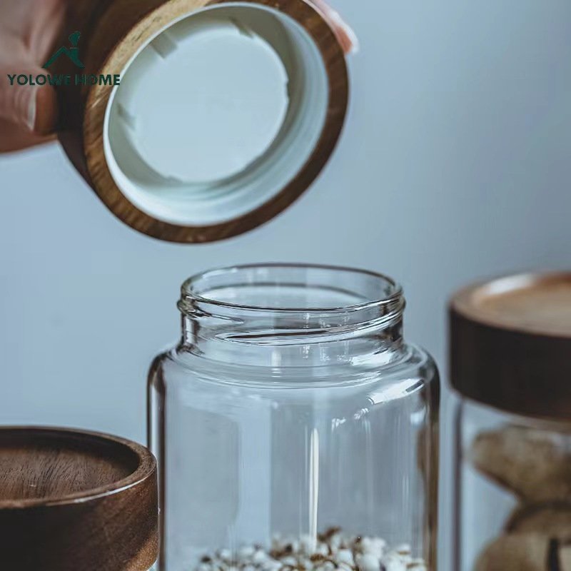 YOLOWE HOME Modern Design Wide-Mouthed Glass Storage Jars with Acacia Lid Kitchen Organizers and Pickle Jars for Food Storage