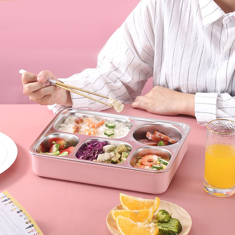 Portable 4 Grids Lunch Box 5-compartment Bento-style Kids Lunch Box Stainless Steel Lunch Box with Compartment