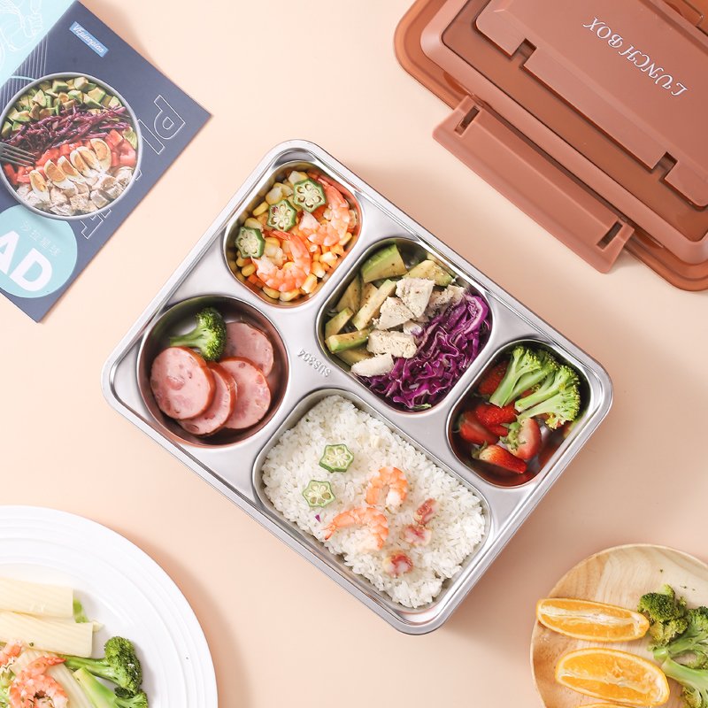 Portable 4 Grids Lunch Box 5-compartment Bento-style Kids Lunch Box Stainless Steel Lunch Box with Compartment