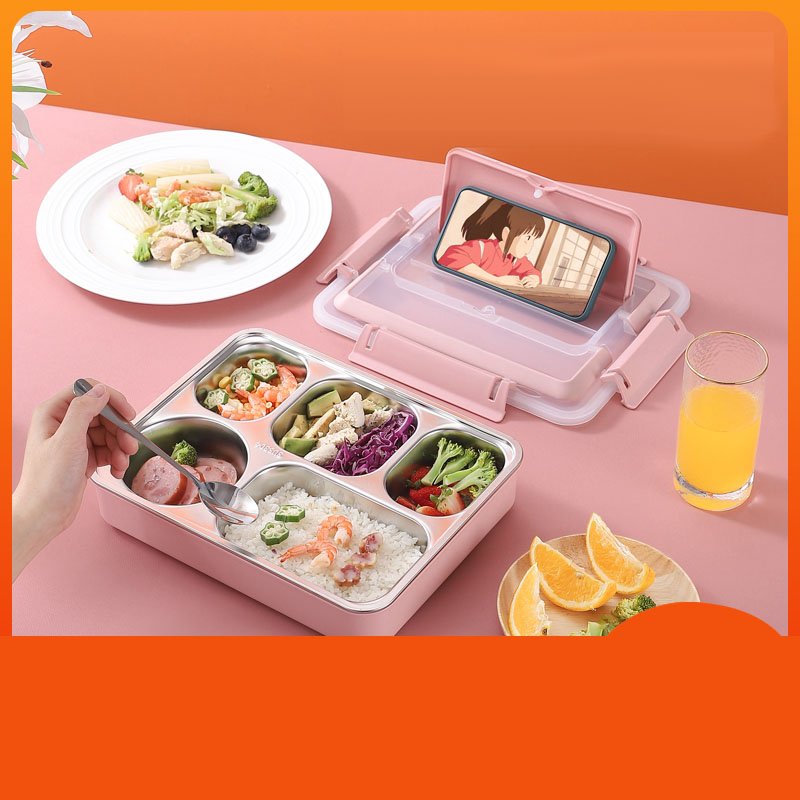 Portable 4 Grids Lunch Box 5-compartment Bento-style Kids Lunch Box Stainless Steel Lunch Box with Compartment