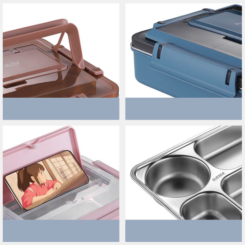 Portable 4 Grids Lunch Box 5-compartment Bento-style Kids Lunch Box Stainless Steel Lunch Box with Compartment