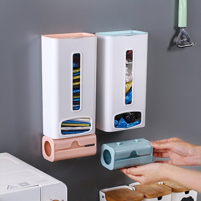 JILEN- Garbage Bag Storage Box, Plastic Bag Collector, Kitchen Wall Hanging Bag Removable Organizer