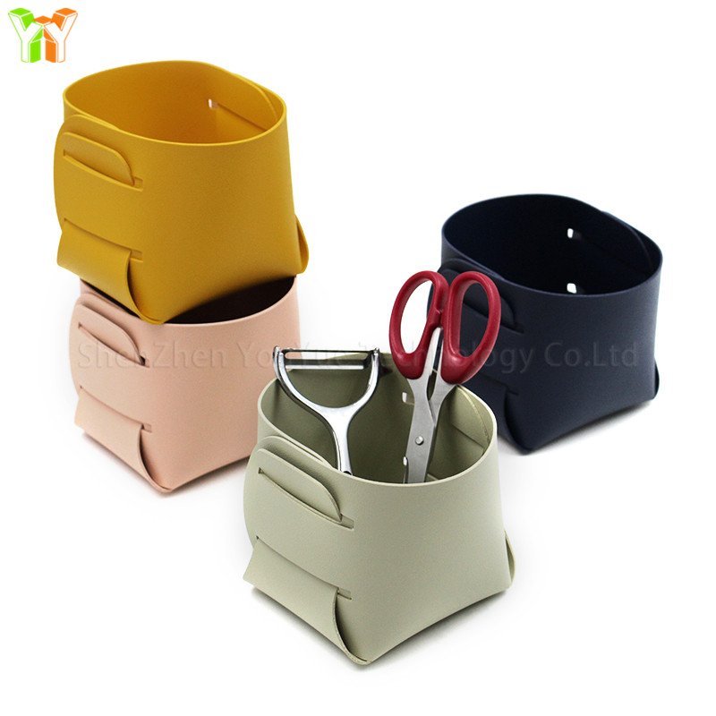 Simple Nordic PU Leather Desktop Storage Box Cosmetic Brush Storage Bucket Foldable Pen Holder Cup