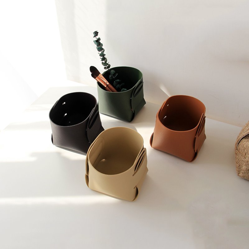 Simple Nordic PU Leather Desktop Storage Box Cosmetic Brush Storage Bucket Foldable Pen Holder Cup
